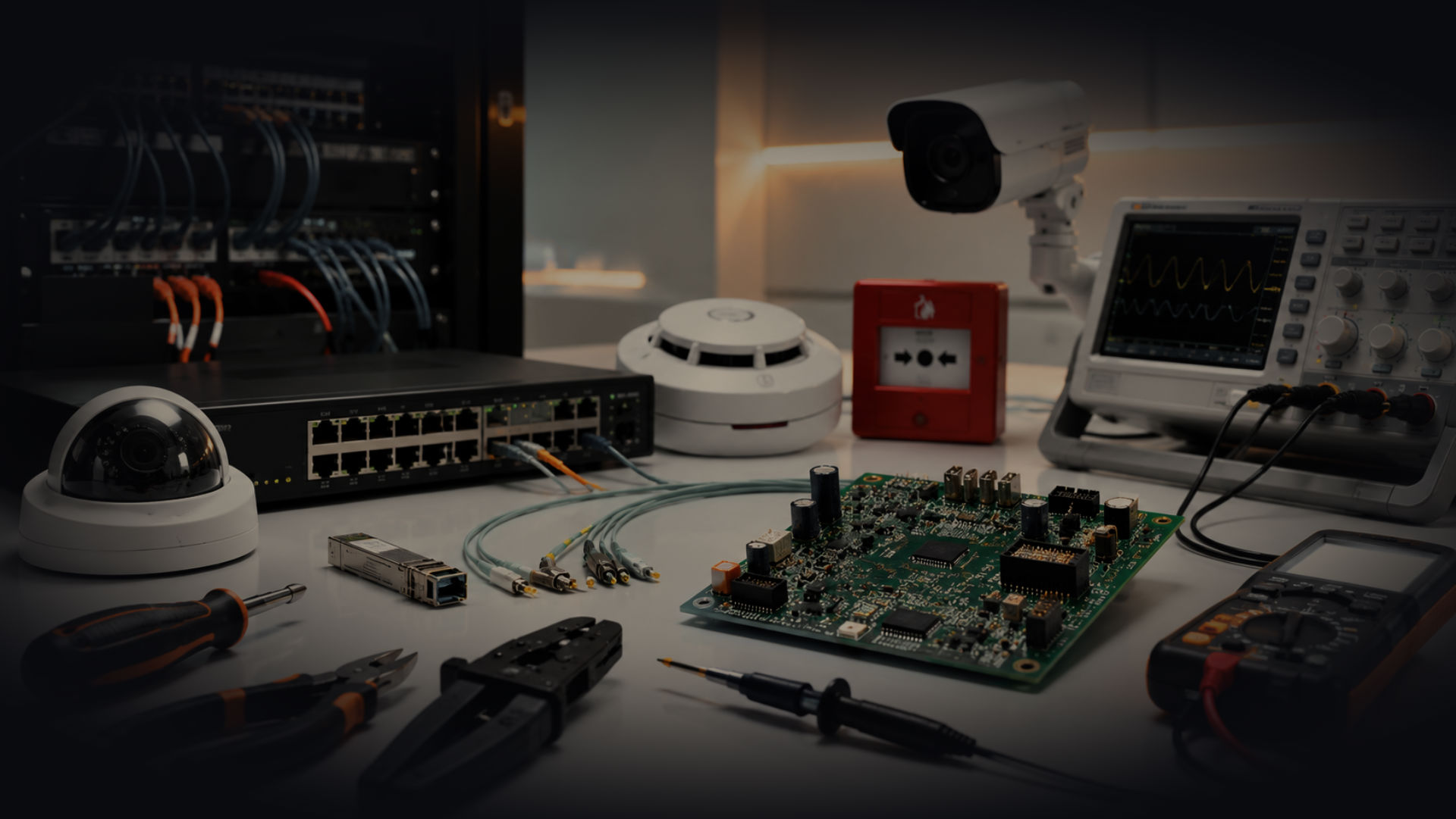 Équipements réseau, vidéosurveillance, détection incendie, électronique et instruments de mesure d’un laboratoire de formation technique